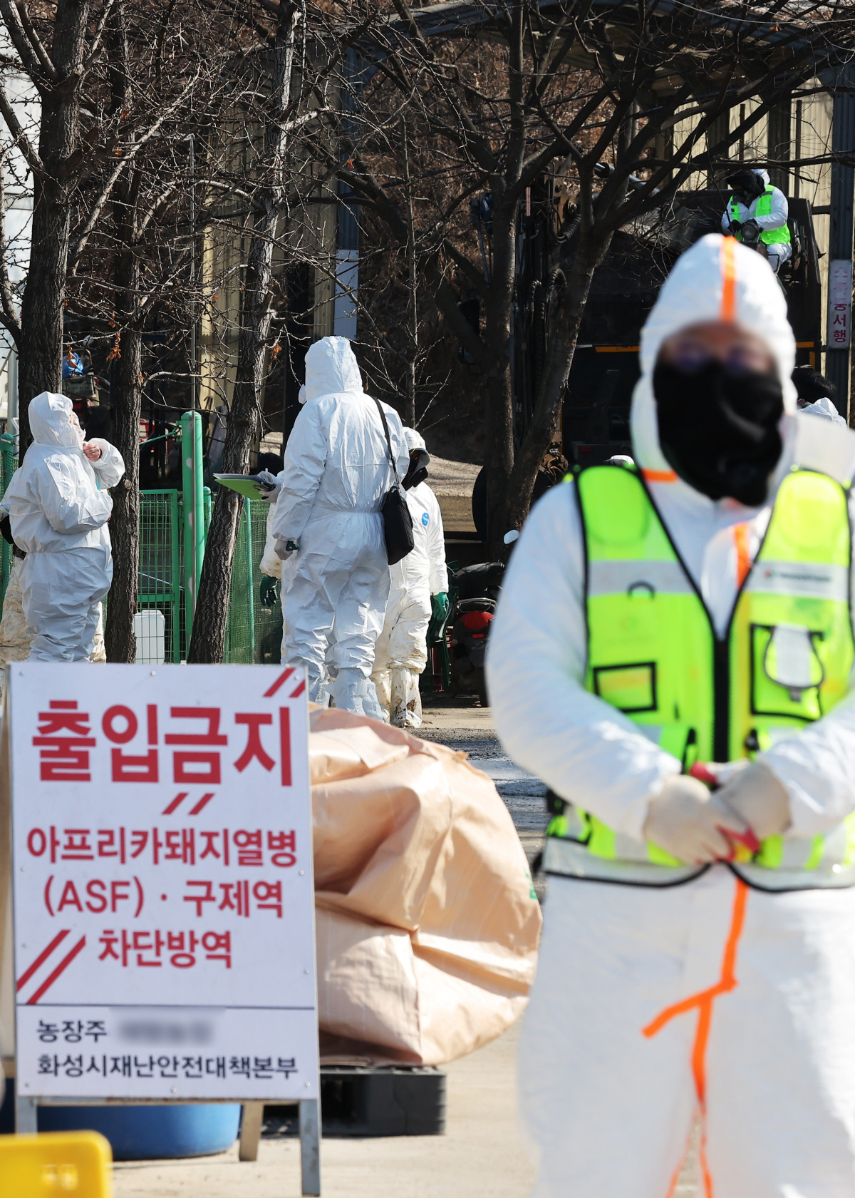 ▲8일 아프리카돼지열병이 발생한 경기도 화성시 한 돼지농장 출입이 통제되고 있다.     아프리카돼지열병(ASF) 중앙사고수습본부는 8일 경기 화성시 돼지농장(1천100마리 사육)에서 전날 아프리카돼지열병이 발생한 것으로 확인됐다고 밝혔다. 올해 들어 전국에서 9번째 발생이다. (연합뉴스)