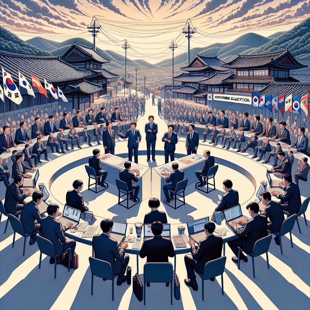 ▲경기도지사 선거를 배경으로 여당 후보들의 치열한 6자 경쟁과 눈에 띄는 인물이 부족한 야당의 투쟁을 대조한 정치 풍경 삽화. (김재학 기자·오픈AI 달리)