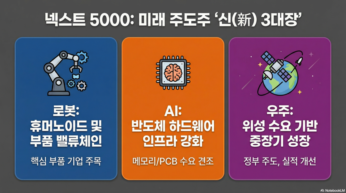 ▲코스피가 5500선에 안착한 가운데 국내 증시에서 차세대 성장 동력을 확보하기 위한 '주도주 찾기' 경쟁이 치열해지는 가운데 로봇, AI, 우주 관련 테마주가 주목받고 있다. (구글 노트북 LM)