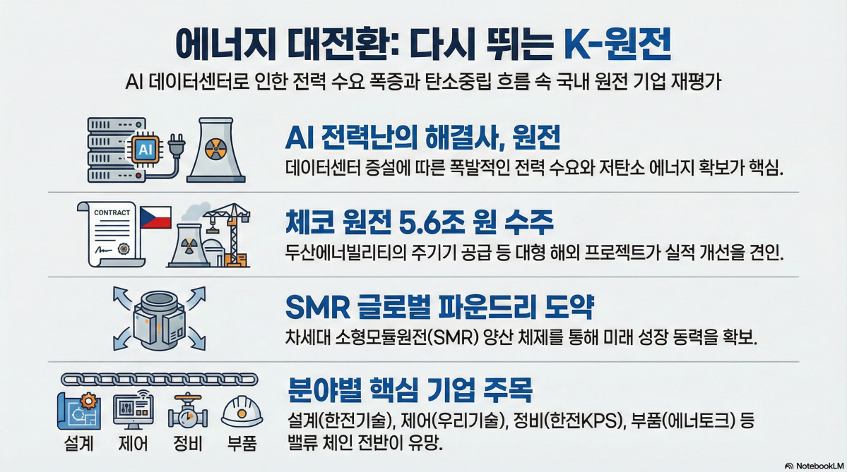 ▲글로벌 에너지 시장에서 원자력 발전이 에너지 안보와 탄소 중립이라는 두 마리 토끼를 잡을 핵심 열쇠로 다시 주목받고 있다. 인공지능(AI) 데이터센터 증설에 따른 전력 수요 폭증과 저탄소 전원 확보 필요성이 맞물리며 국내 원전 기업들의 기업 가치 재평가 본격화 할 것이란 전망이 나온다. (구글 노트북 LM)