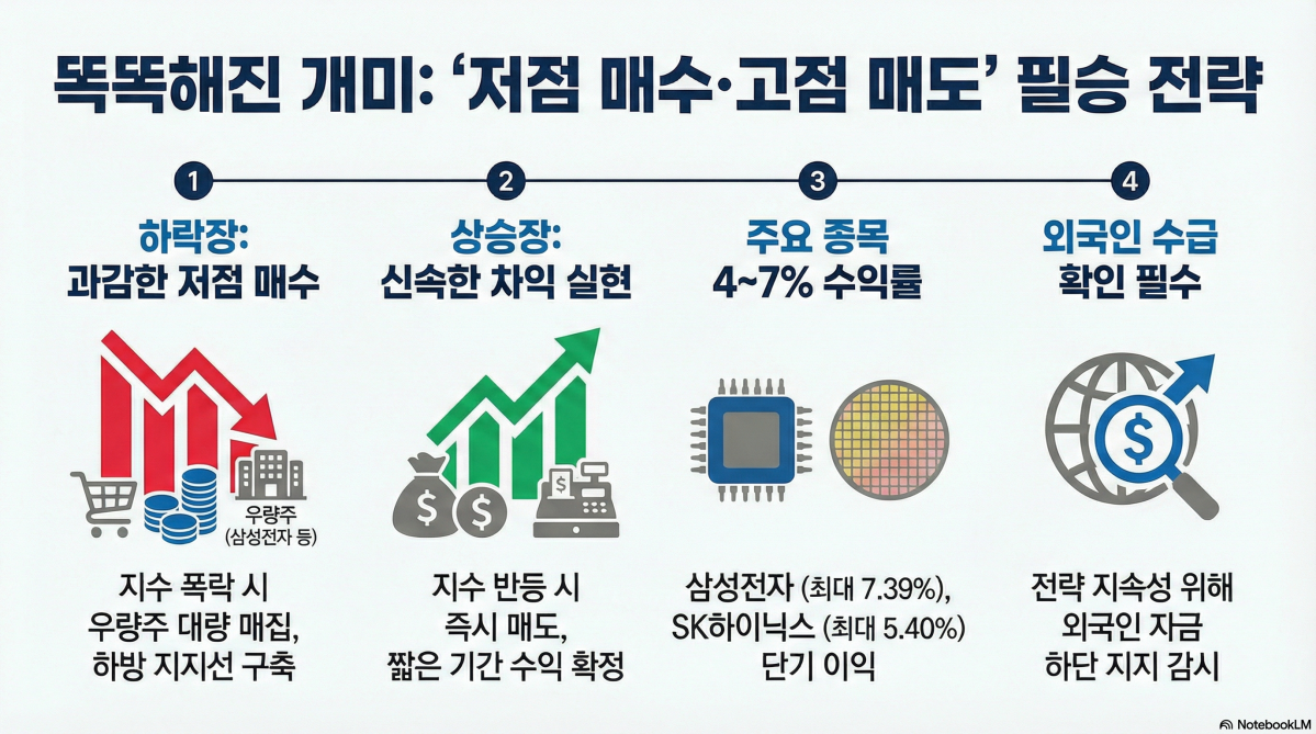 ▲과거 지수 고점에서의 추격 매수와 하락장 속 손절매로 대변되던 개인 투자자들이 최근 정교한 '저점 매수·고점 매도' 전략을 구사하며 '똑똑한 개미'로 거듭나고 있다. (구글 노트북 LM)