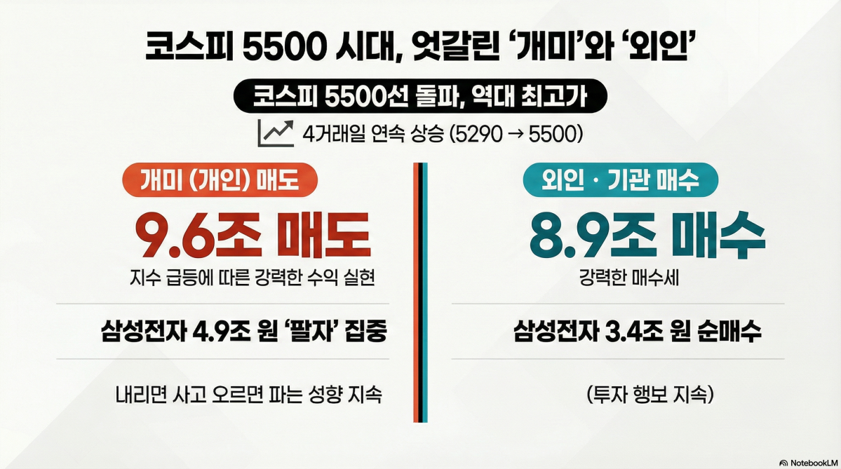 ▲코스피가 이른바 '롤러 코스피'라고 불릴 정도로 극심한 변동성 장세를 보이는 가운데서도 사상 최고가 행진을 이어가고 있다. 그러나 시장의 가파른 상승세와 달리 개인 투자자들은 지난주 급락장 속 투입했던 매수금을 대거 회수하며 강력한 '팔자' 기조를 유지했다. (구글 노트북 LM)