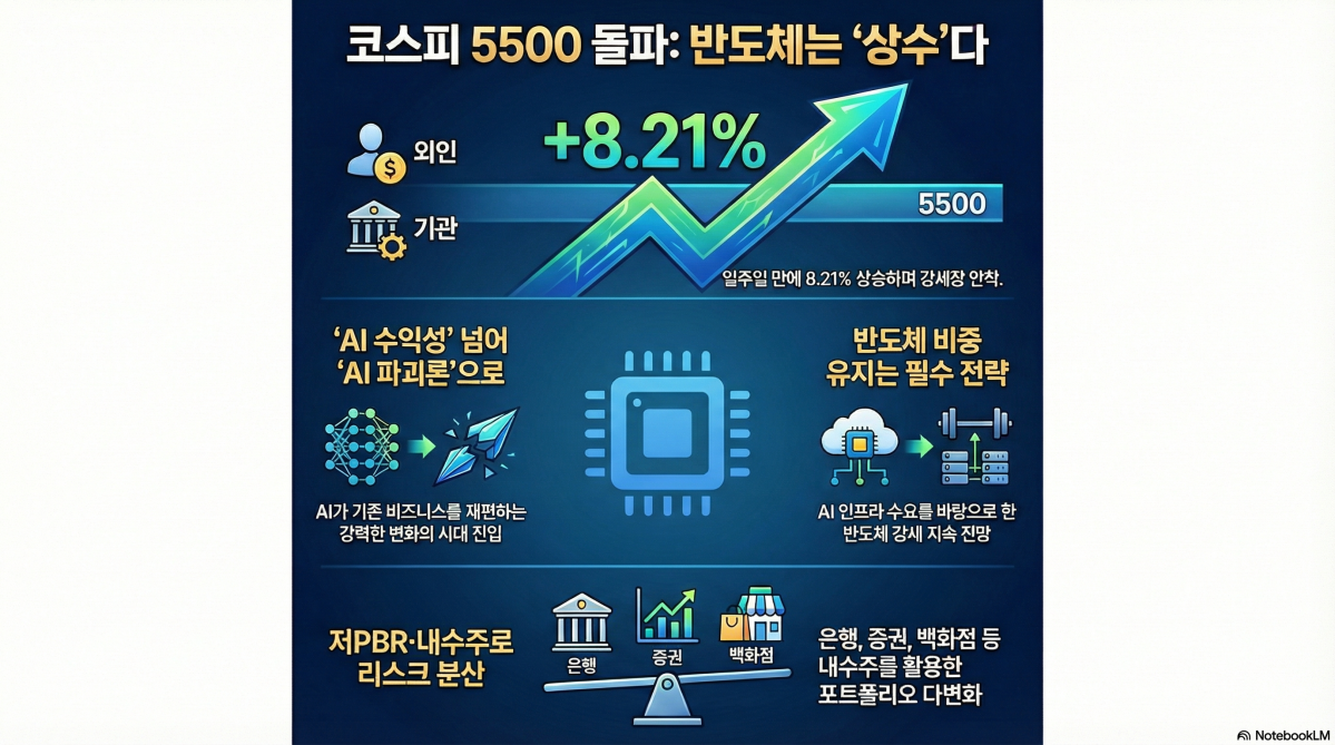 ▲지난주 5290선에서 5500선 안착까지 숨 가쁘게 달리던 코스피가 설 연휴 장기 휴식기에 들어선다. 연휴가 끝난 뒤 짧은 거래일 탓에 증시 흐름을 예측하기 힘들지만 반도체 업종 중심의 강세장이 이어질 것이란 전망이 나온다. (구글 노트북 LM)