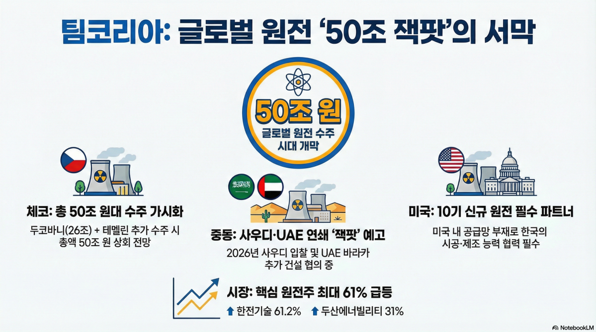 ▲체코 두코바니 5·6호기 수주를 확정 지은 ‘팀코리아’가 테멜린 신규 원전과 중동·미국 시장 등 추가 수주를 향한 광폭 행보를 이어가며 국내 원전주들의 장기 성장 기대감을 키우고 있다. (구글 노트북 LM)