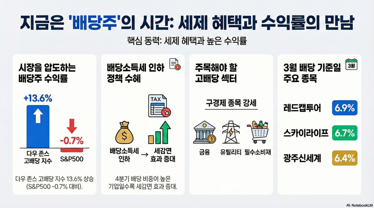 ▲미국 빅테크의 성장성 둔화 우려 속에 배당주가 새로운 투자 대안으로 급부상하고 있다. 특히 국내 시장은 정부의 배당소득세 인하 방침과 맞물려 고배당주를 향한 투자 심리가 급격히 개선되고 있다. (구글 노트북 LM)