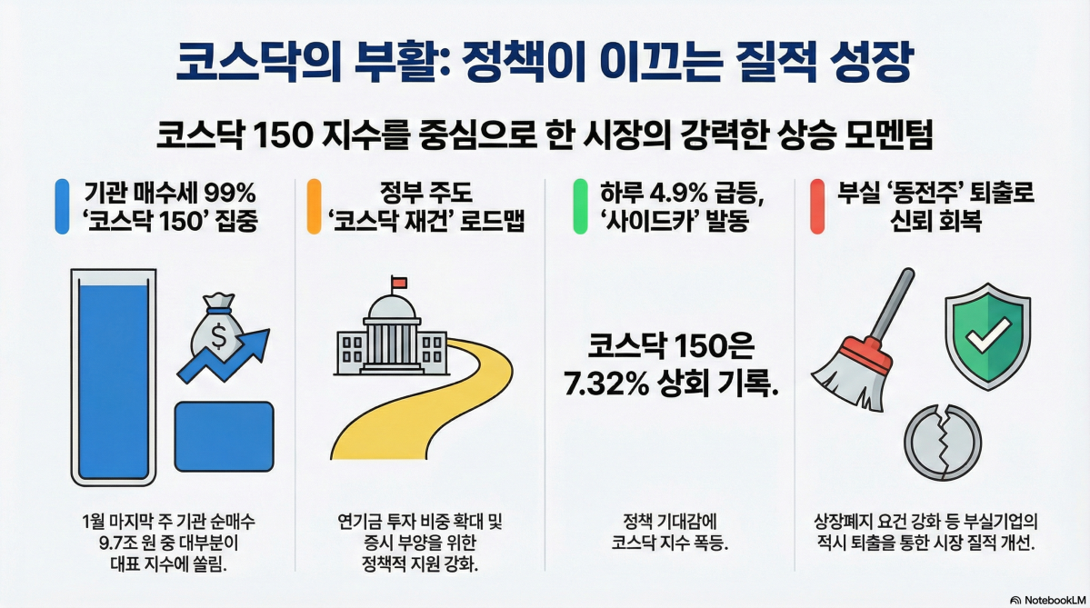 ▲정부의 코스닥 시장 활성화 대책에 힘입어 외국인과 기관의 매수세가 관련 상장지수펀드(ETF)로 집중되며 시장이 가파른 상승 곡선을 그리고 있다. (구글 노트북 LM)