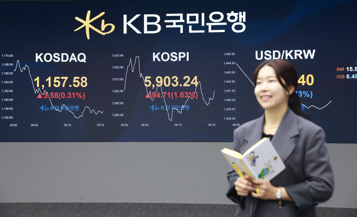 ▲23일 오전 코스피가 사상 처음으로 5900선을 돌파한 가운데 KB국민은행 딜링룸에 주요 지수가 표시되고 있다. 이날 코스피는 상승폭이 축소하며 전 거래일 대비 37.56포인트(0.65%) 오른 5846.09에 마감했다. (사진제공=KB국민은행)