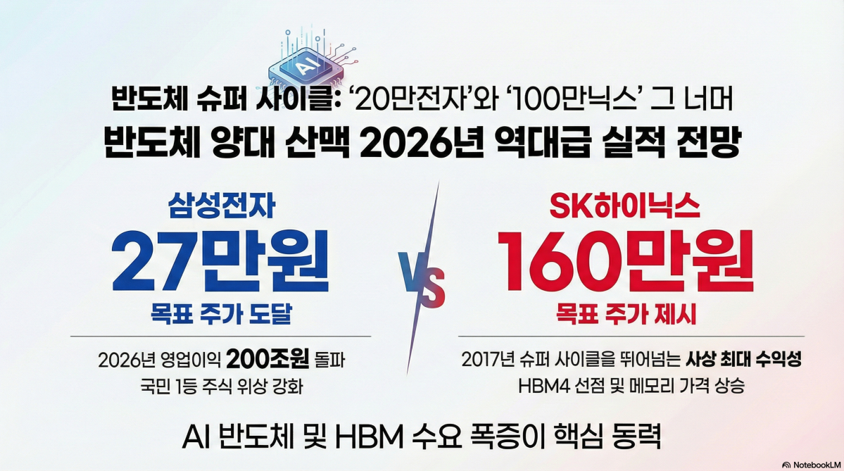 ▲인공지능(AI) 반도체 수요 폭증과 메모리 가격의 가파른 상승세에 힘입어 국내 반도체 양대 산맥인 삼성전자와 SK하이닉스가 역대급 실적 전망과 함께 주가도 급등하고 있다. 대신증권과 SK증권은 두 기업의 목표주가를 각각 27만원, 160만원으로 상향하며 반도체 슈퍼 사이클의 정점을 예고했다. (구글 노트북 LM)