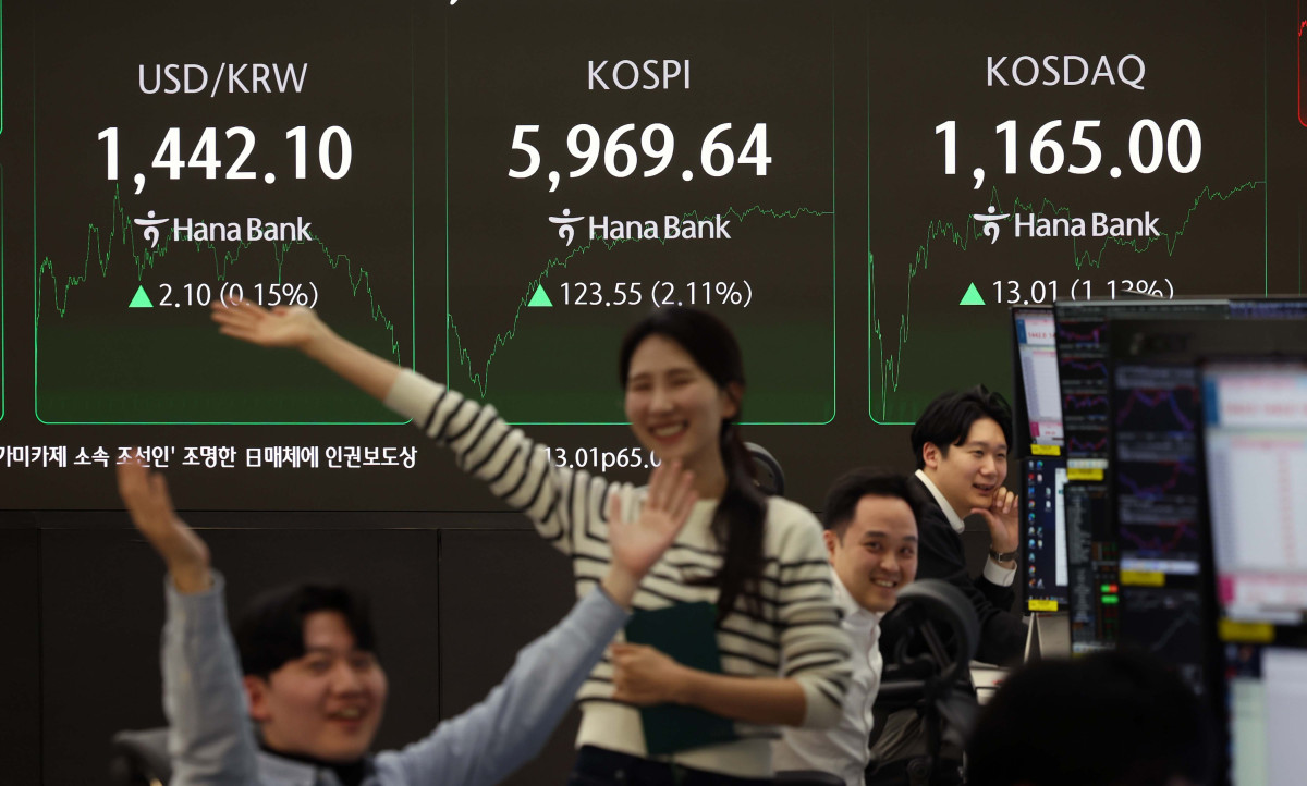 ▲24일 서울 중구 하나은행 딜링룸 전광판에 코스피 등 시황이 표시되고 있다. 이날 코스피는 전 거래일(5846.09)보다 123.55포인트(2.11%) 오른 5969.64에 마감, 최고가를 경신했다. 삼성전자는 전장보다 7000원 오른 20만원에, SK하이닉스는 5만4000원 오른 100만5000원을 기록하며 사상 최고가를 갈아치웠다. 신태현 기자 holjjak@