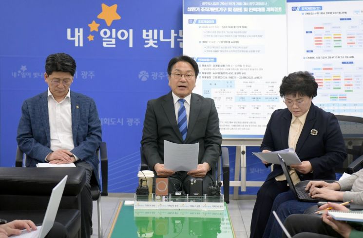 ▲강기정 광주시장이 시청 기자실에서 기자들을 만나 도시철도 2호선 개통에 대비한 역대 최대규모 신규 인력 채용계획을 설명하고 있다. (사진제공=광주시)