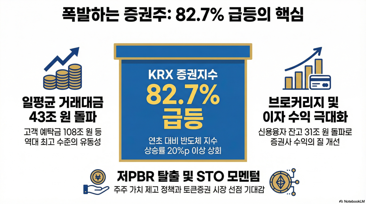 ▲코스피가 전인미답의 영역인 6000을 돌파하며 가파른 상승세를 보이고 있는 가운데 증시 거래대금 폭발과 정책적 호재가 맞물려 증권주가 연초 이후 기록적인 폭등세를 보이고 있다. (구글 노트북 LM)