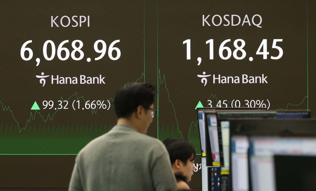 ▲코스피가 사상 처음 장중 6000선을 돌파한 25일 오전 서울 중구 하나은행 딜링룸에 코스피 등 시황이 표시되고 있다. 이날 지수는 전장 대비 53.06포인트(0.89%) 오른 6022.70으로 시작하며 개장과 동시에 ‘육천피’를 달성했다. 신태현 기자 holjjak@