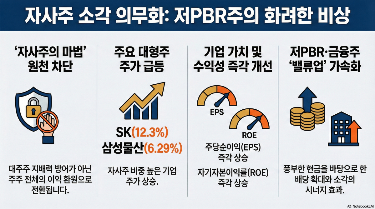 ▲정부와 국회가 자사주 소각 의무화 입법에 속도를 내면서 증시 내 저평가된 대형주들이 강력한 수혜주로 부상하고 있다. (구글 노트북 LM)