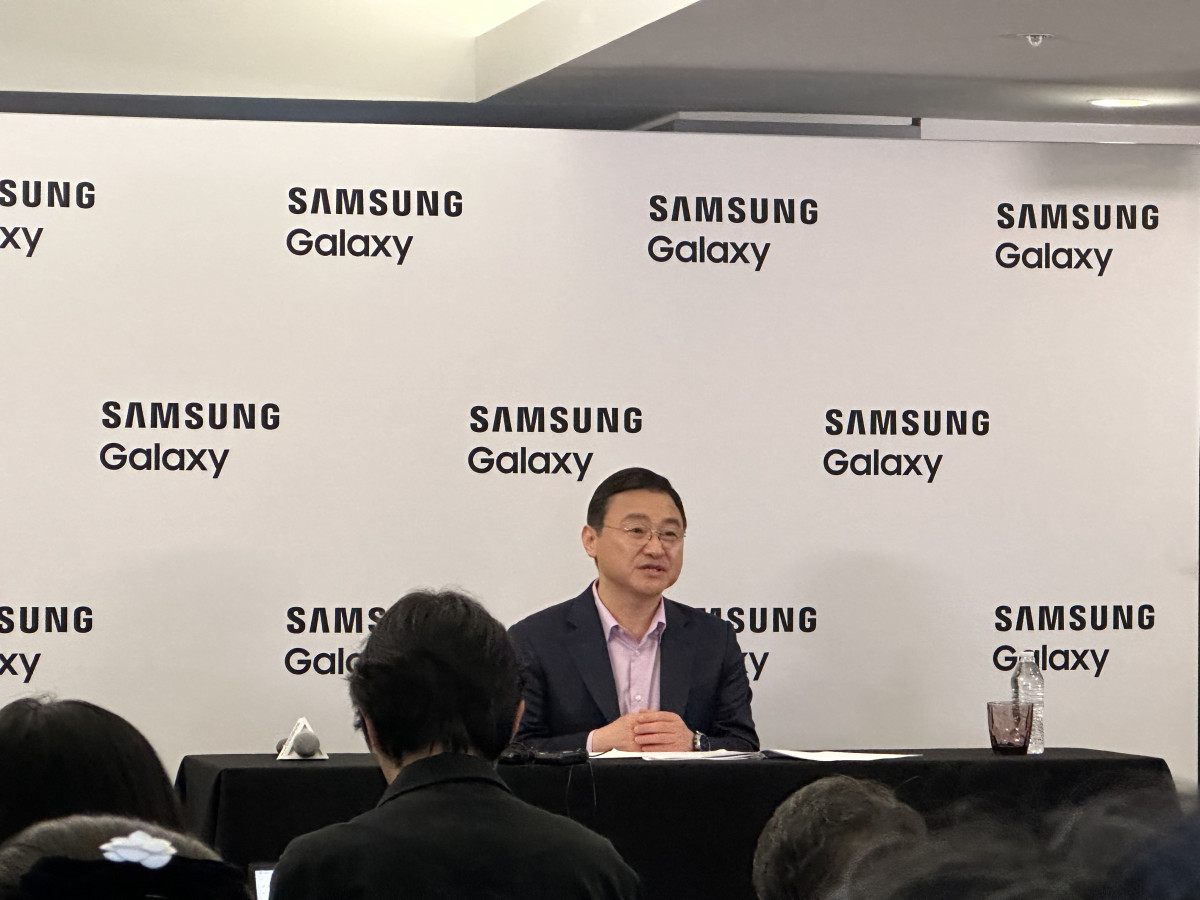▲노태문 삼성전자 모바일경험(DX)부문 사장이 25일(현지시간) 미국 샌프란시스코 JW메리어트 호텔에서 기자간담회를 진행하고 있다. (샌프란시스코(미국)=이수진 기자)