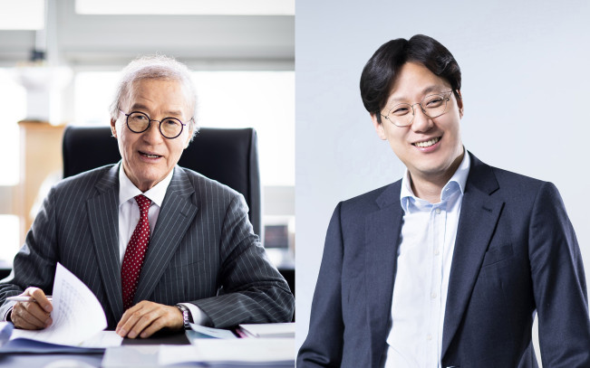 ▲미스토홀딩스 윤윤수 명예회장(왼)과 윤근창 대표이사‧사장 (사진제공=미스토홀딩스)