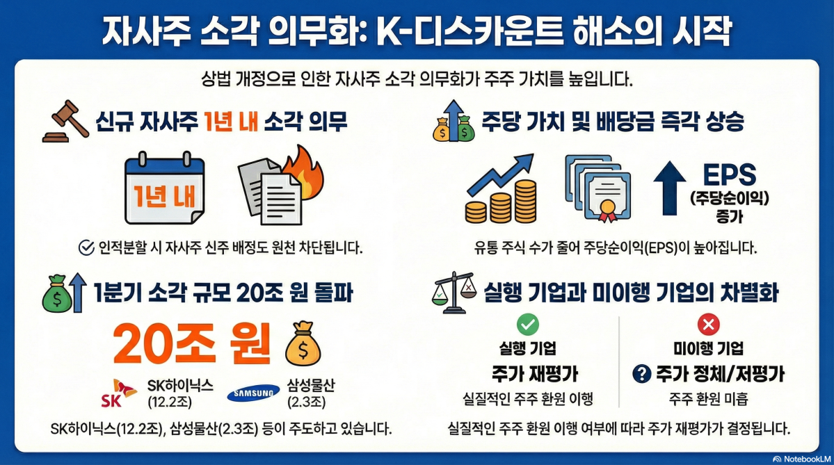 ▲자사주 소각 의무화를 골자로 한 상법 개정안이 국회를 통과하면서 수십 년간 한국 증시를 짓눌러온 '코리아 디스카운트'가 해소될 결정적 변곡점을 맞이했다. (구글 노트북 LM)