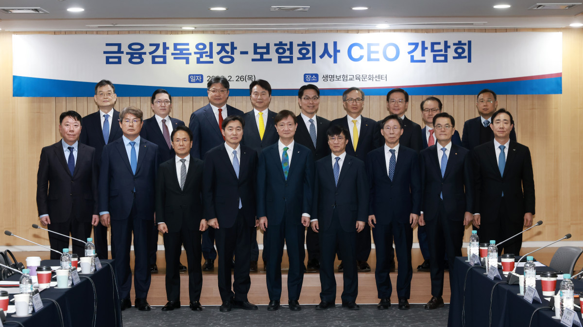 ▲(앞줄 왼쪽부터) 이석현 현대해상 대표이사, 정종표 DB손해보험 대표이사, 이문화 삼성화재 대표이사, 이병래 손해보험협회장, 이찬진 금융감독원장, 김철주 생명보험협회장, 홍원학 삼성생명 대표이사, 이경근 한화생명 대표이사, 조대규 교보생명 대표이사 (뒷줄 왼쪽부터) 김대현 흥국화재 대표이사, 나채범 한화손해보험 대표이사, 김중현 메리츠화재 대표이사, 구본욱 KB손해보험 대표이사, 천상영 신한라이프 대표이사, 정문철 KB라이프 대표이사, 김재식 미래에셋생명 대표이사, 성대규 동양생명 대표이사, 서영일 금융감독원 보험 부원장보 (제공 금융감독원)