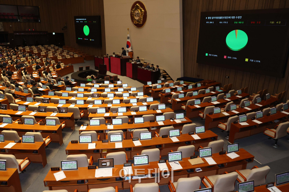 ▲2월 26일 서울 여의도 국회 본회의에서 전날 상정된 형법 일부개정법률안(대안)에 대한 수정안이 여당 주도로 통과되고 있다. 고이란 기자 photoeran@