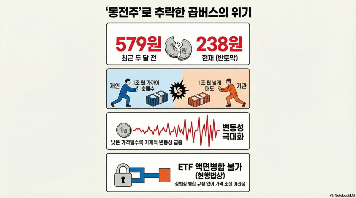 ▲국내 증시 강세로 코스피 200 선물 지수의 일일 수익률을 역방향으로 2배 추종하는 'KODEX 200선물인버스2X' 상장지수펀드(ETF) 가격이 동전주 수준으로 추락하며 시장 왜곡이 심화되고 있다. 현행법상 ETF의 액면가 조정이 불가능해 초저가 상태로 지속되는 현상이 나타나는 모습이다. (구글 노트북 LM)