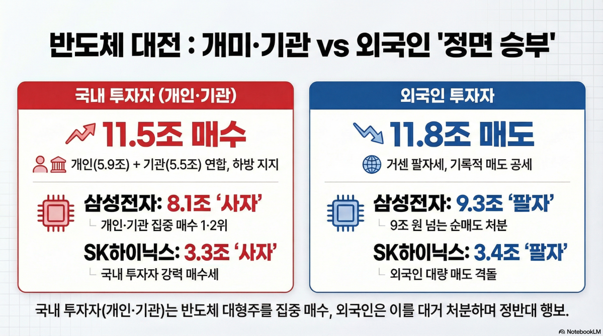 ▲개인, 기관과 외국인의 수급 공방이 치열하다. (출처=구글 노트북M)
