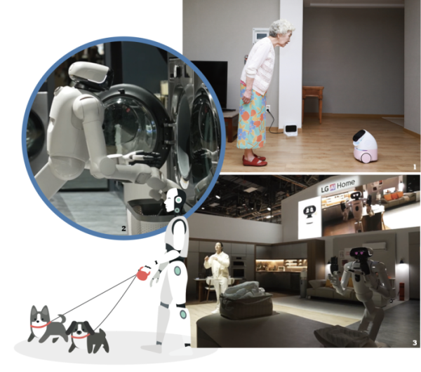 ▲1 삼성물산, 홈 AI 컴패니언 로봇 시연 장면. 2, 3 ‘CES 2026’에서 LG 클로이드(CLOiD)가 집안일을 하고 관람객에게 인사를 건네고 있다.(삼성물산/LG전자)