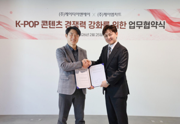 ▲김호상 KT ENA 대표이사(왼쪽)와 윤성빈 KM차트 대표(오른쪽)(사진 제공=ENA, KM차트)