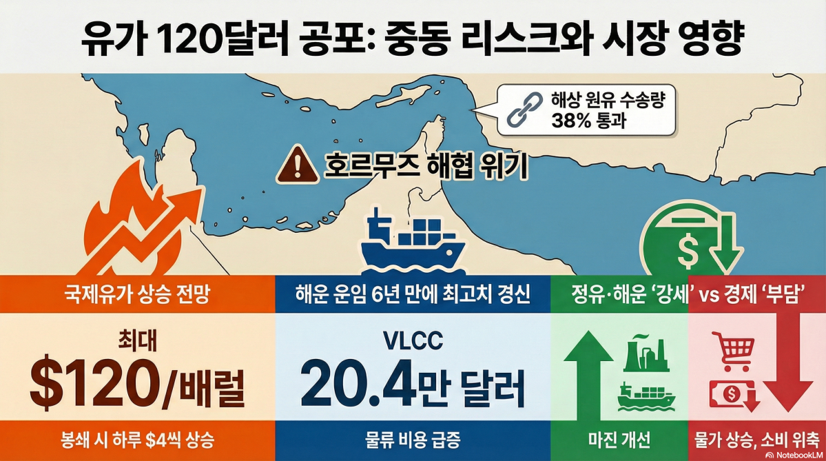 ▲미국의 이란 공습 여파로 중동 지역의 지정학적 리스크가 고조되면서 국제유가와 해운 운임이 동반 급등했다. 이란의 호르무즈 해협 폐쇄 장기화 시 글로벌 공급망 차질과 물가 상승 압력이 더욱 거세질 것이라는 우려가 나온다. 이에 따른 영향으로 국내 증시에선 정유, 해운 관련 주가가 강한 상승 탄력을 받고 있다. (구글 노트북 LM)
