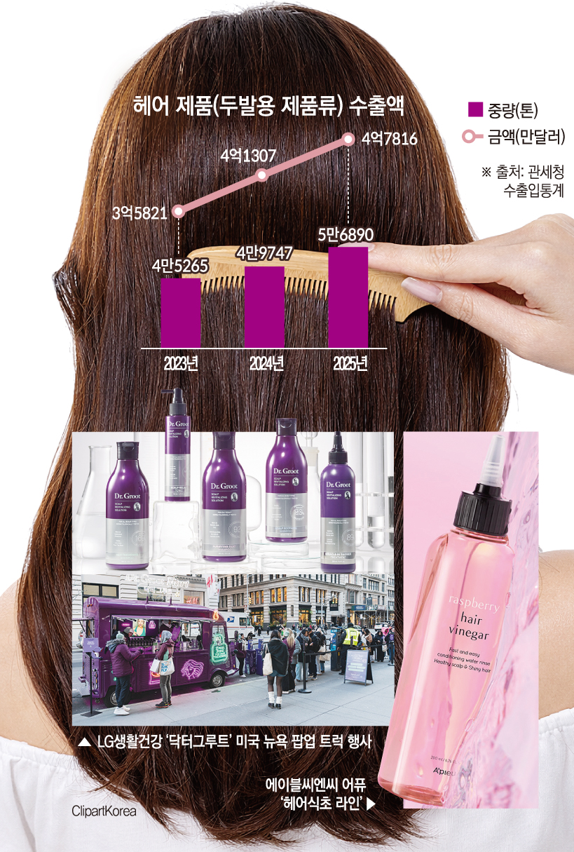 ▲헤어케어 제품 수출액 추이 및 국내 뷰티업계 대표 상품 (이투데이 그래픽팀=손미경 기자)