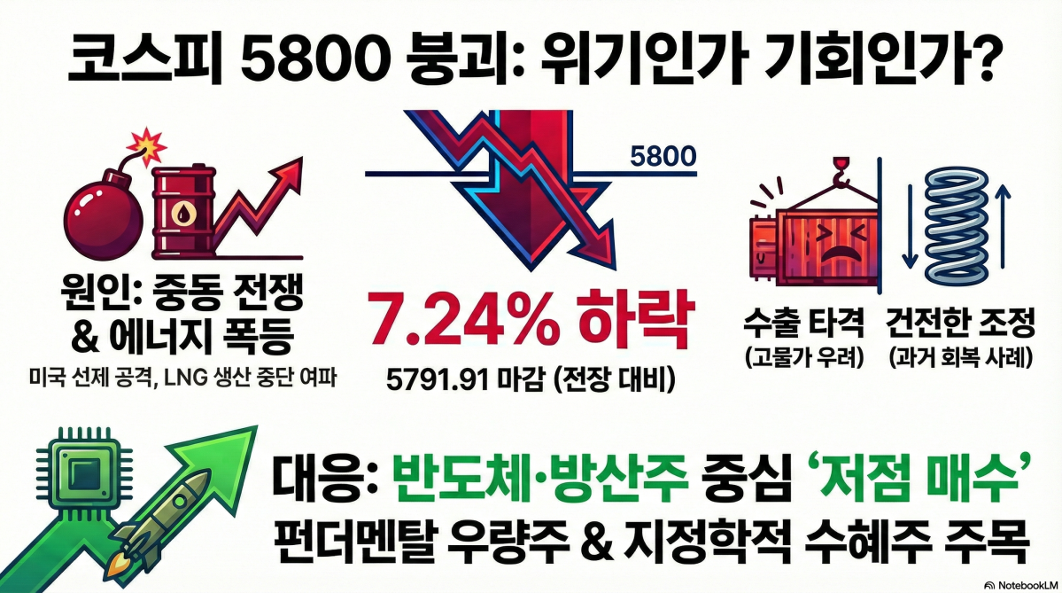 ▲코스피가 중동발 지정학적 리스크라는 대형 악재를 만나며 역대급 폭락장을 연출했다. '꿈의 지수'로 불리던 6000선을 허무하게 내주며 투자 심리도 극심한 공포에 휩싸인 모습이다. (구글 노트북 LM)