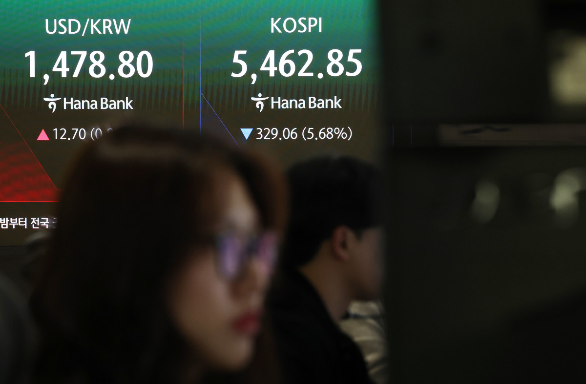 ▲코스피가 이틀째 급락세를 보이고 있다. 사진은 하나은행 딜링룸 전경. (사진=연합뉴스)