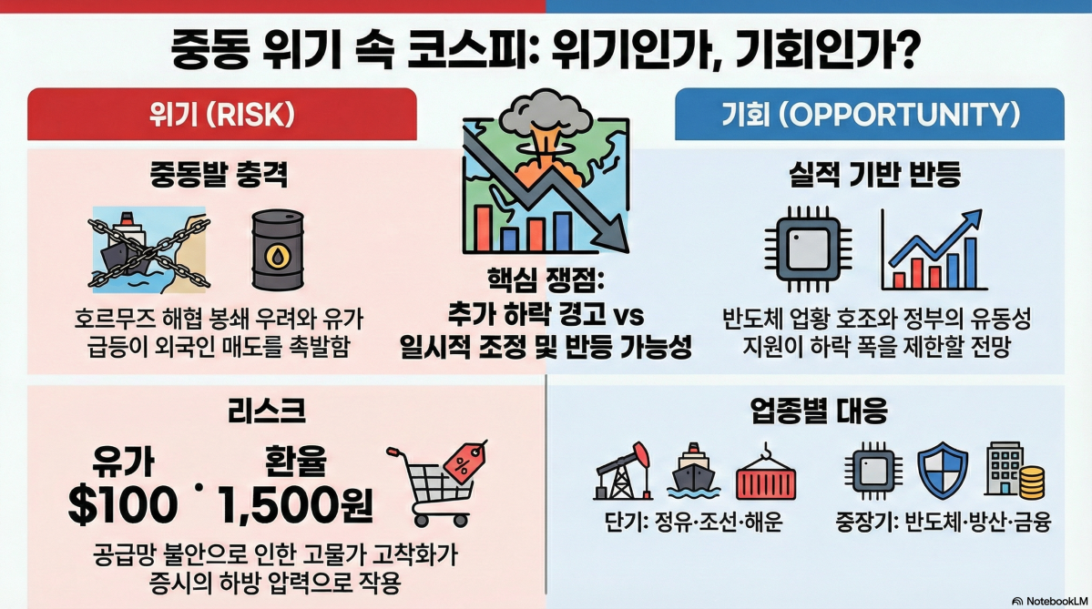 ▲코스피 지수가 급격히 무너지자 투자자들 사이에서는 추가 하락에 대비한 리스크 관리와 바닥을 잡으려는 저점 매수 전략이 팽팽하게 맞서고 있다. 증권가 전문가들은 이번 사태를 인플레이션 재발이라는 거대한 위협으로 보면서도, 동시에 실적과 정치적 역학 관계에 따른 조기 수습 가능성에 주목했다. (구글 노트북 LM)