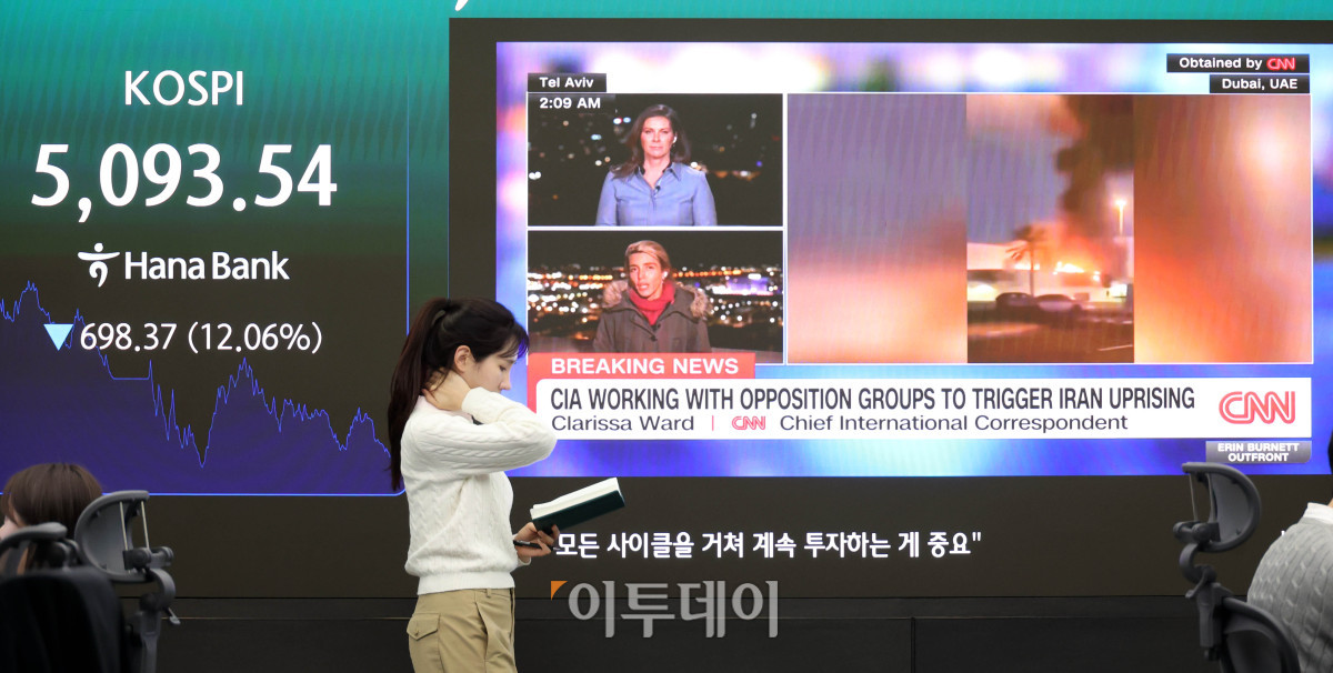 ▲미국과 이란 간 전쟁 발발 여파로 코스피 종가가 역대 최대 폭으로 폭락했다. 4일 서울 중구 하나은행 딜링룸 전광판에 코스피 지수가 전 거래일보다 698.37포인트(12.06%) 내린 5093.54를 나타내고 있다. 코스닥 지수는 전 거래일보다 159.26포인트(14%) 급락한 978.44에 거래를 마감했다. 원·달러 환율은 주간 거래 종가(15시30분) 기준 전일 대비 10.1원 오른 1476.2원을 기록했다. 고이란 기자 photoeran@