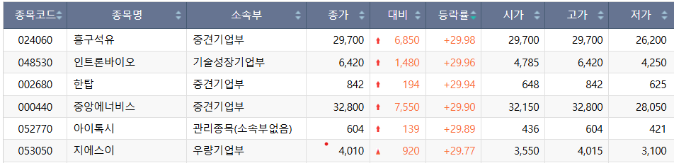 ▲4일 코스닥 상한가 종목. (출처=한국거래소)