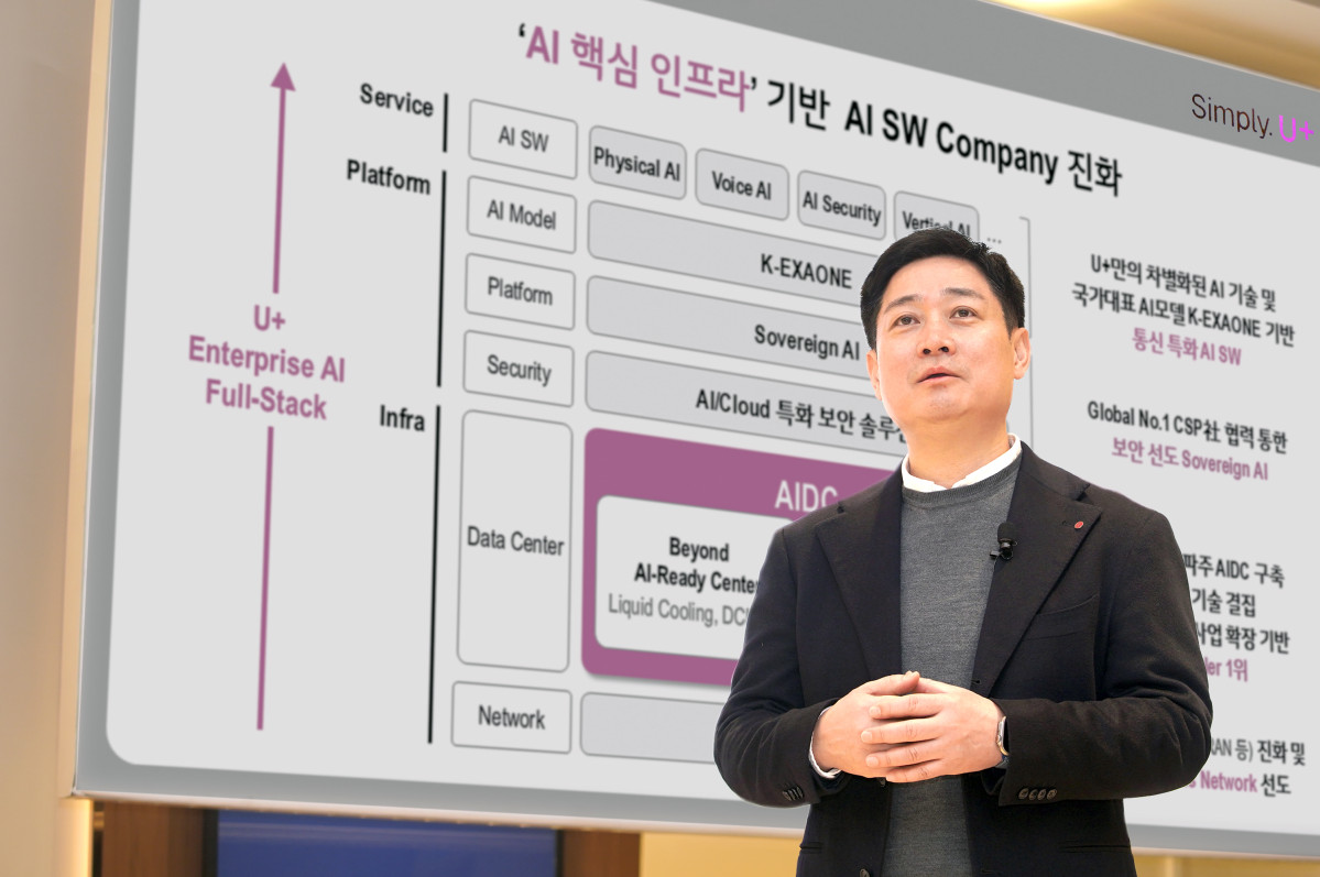 ▲LG유플러스가 통신과 AX기술의 솔루션화를 주도하는 '글로벌 AI 소프트웨어 기업(Global AI Software Company)'으로 도약하겠다는 중장기 비전을 제시했다. 지난 4일(현지시간) 스페인 바르셀로나에서 열린 MWC26 기자 간담회에 참석한 홍범식 CEO의 모습. (사진제공=LG유플러스)