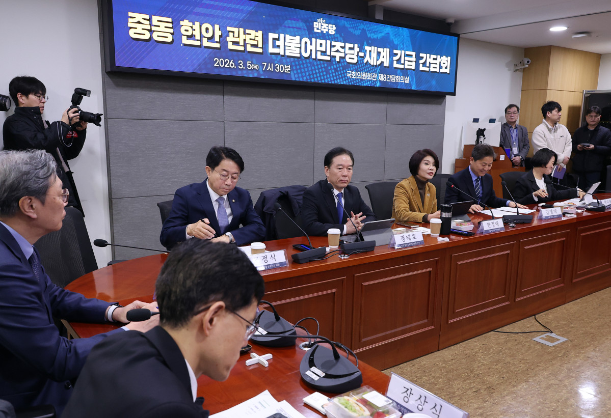 ▲5일 국회 의원회관에서 열린 중동 현안 관련, 더불어민주당-재계 긴급 간담회에서 한정애 정책위의장이 발언하고 있다. 사진=연합뉴스