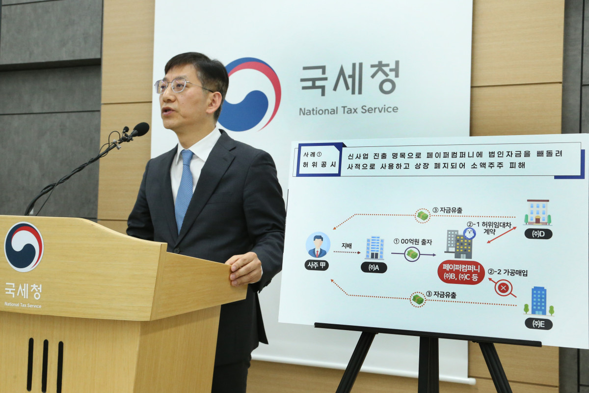 ▲안덕수 국세청 조사국장이 5일 정부세종청사에서 '주식시장 불공정 탈세자 세무조사 결과'에 대해 브리핑을 하고 있다. (사진제공=국세청)