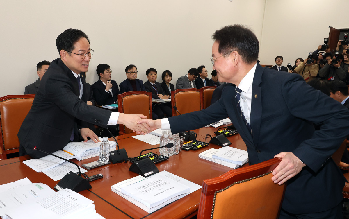 ▲5일 국회에서 열린 대미투자특별법 처리를 위한 특별위원회 법안심사소위원회에서 야당 간사인 국민의힘 박수영 의원(왼쪽)과 더불어민주당 허영 의원이 악수를 하고 있다. (연합뉴스)
