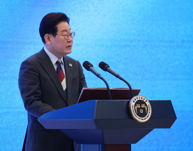 ▲이재명 대통령이 5일 청와대 영빈관에서 열린 2026 밀라노-코르티나담페초 동계올림픽 선수단 격려 오찬에서 격려사를 하고 있다. (연합뉴스)