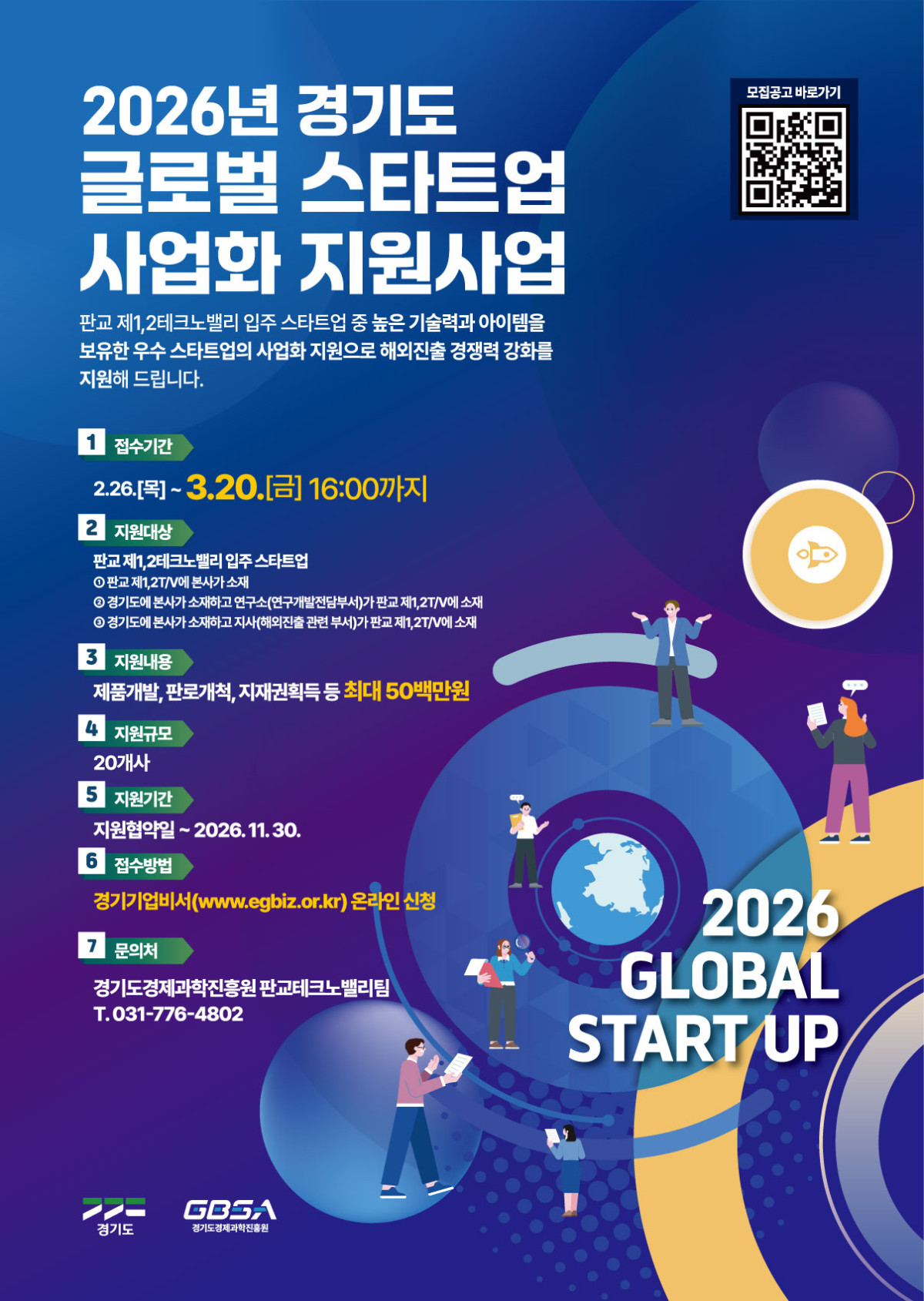 ▲경기도경제과학진흥원이 판교 제1·2테크노밸리 입주 스타트업의 글로벌 시장 진출을 위한 '2026년 글로벌 스타트업 사업화 지원사업' 참여기업을 3월 20일까지 모집한다. (경기도경제과학진흥원)