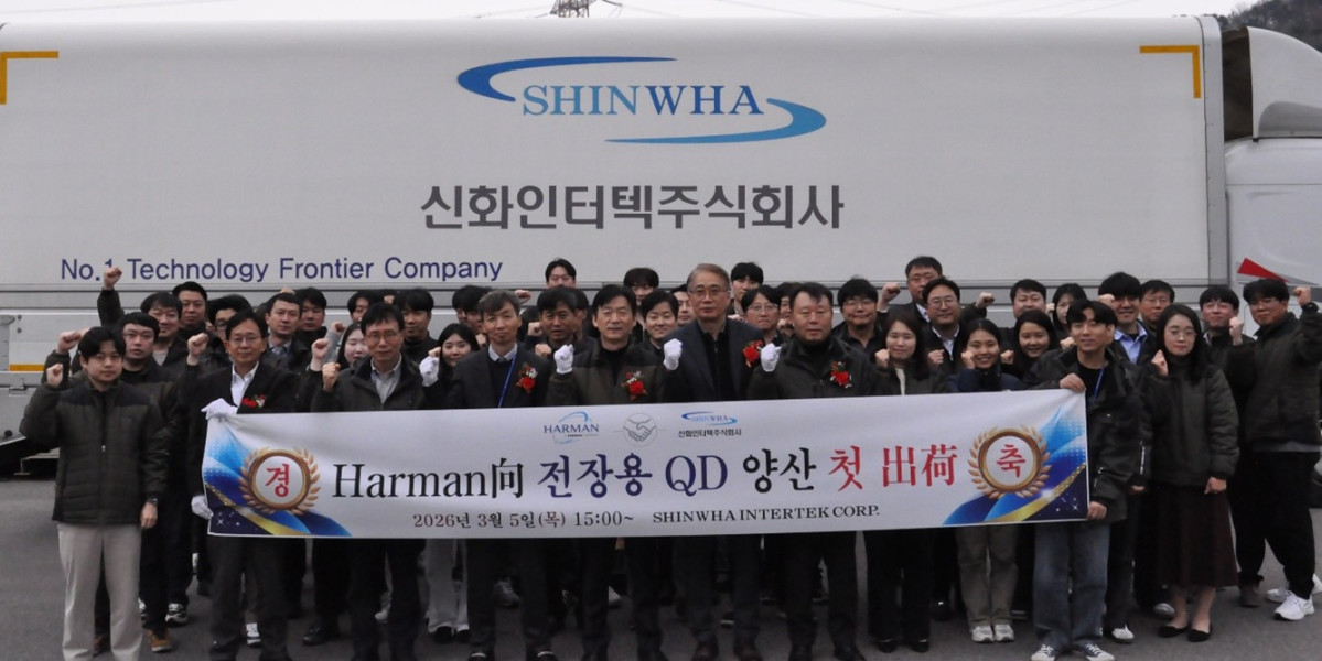 ▲자동차 디스플레이용 QD 시트 하만(HARMAN)향 첫 출하식(신화인터텍 제공)