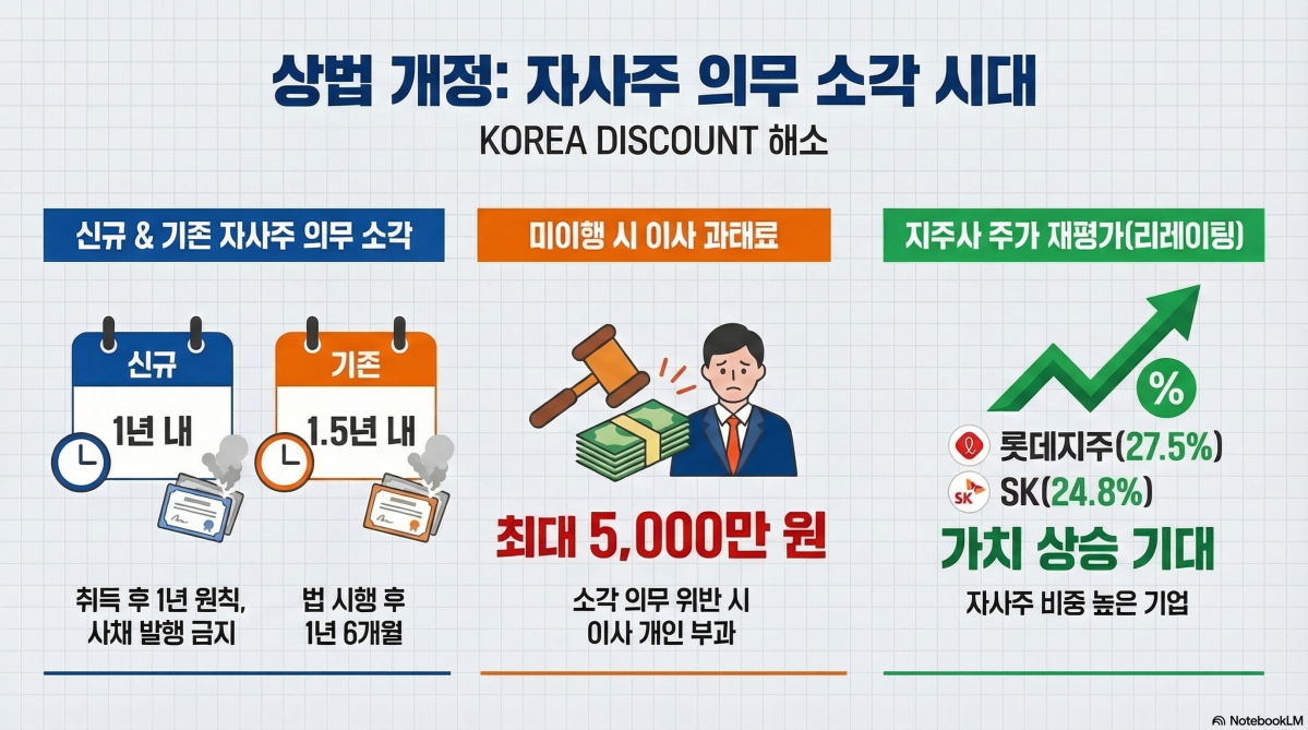 ▲상법 개정안 시행을 앞둔 11일, 자사주 소각 의무화와 관련 과태료 등 주요 변경사항이 요약된 안내 이미지가 공개되고 있다. (구글 노트북 LM)