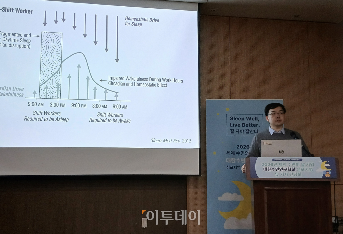 ▲6일 대한수면연구학회가 서울 강남구 과학기술컨벤션센터에서 ‘2026 세계 수면의 날(World Sleep Day)’ 기념 심포지엄을 개최한 가운데 변정익 강동경희대병원 신경과 교수가 발표 중이다. (한성주 기자 hsj@)