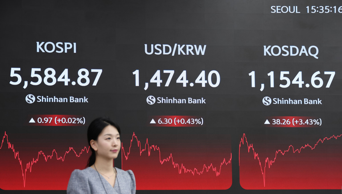 ▲6일 코스피가 전 거래일 대비 0.97포인트(0.02%) 오른 5584.87로 거래를 마친 가운데 신한은행 딜링룸에 주요 지수가 표시되고 있다. (사진제공=신한은행)