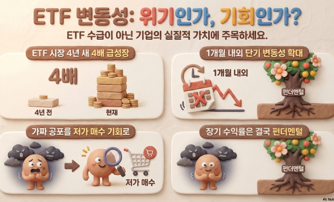 ▲국내 증시의 변동성이 커진 배경으로 급격히 성장한 상장지수펀드(ETF)가 지목됐다. (출처=노트북LM)