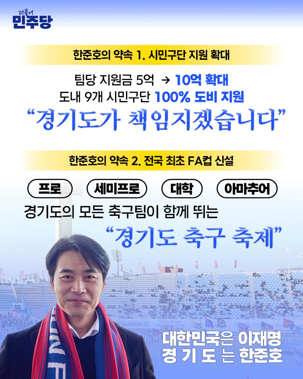 ▲더불어민주당 경기도지사 경선 후보 한준호 국회의원(고양시을) 시민구단 확대 공약 웹자보. '시민구단 지원 팀당 10억원 확대'와 '전국 최초 경기도 FA컵 신설'을 두 축으로 내세우며 "경기도가 책임지겠습니다"고 밝혔다. (한준호 의원실)