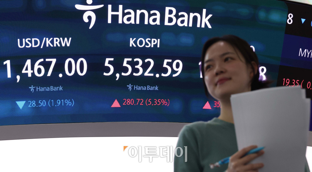 ▲이란 사태가 종결될 것이란 도널드 트럼프 미국 대통령의 발언이후 국제유가가 배럴당 80달러선까지 급락한 10일 서울 중구 하나은행 딜링룸 전광판에 코스피 지수가 전 거래일보다 280.72포인트(5.35%) 오른 5532.59를 나타내고 있다. 코스닥 지수는 전 거래일보다 35.40포인트(3.21%) 오른 1137.68에 거래를 마감했다. 원·달러 환율은 주간 거래 종가(15시30분) 기준 전일 대비 26.2원 내린 1469.23을 기록했다. 고이란 기자 photoeran@