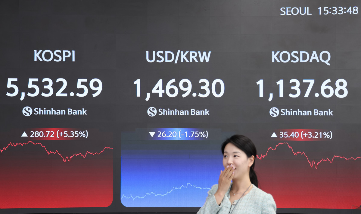 ▲10일 코스피가 전 거래일 대비 280.72(5.35%) 오른 5532.59로 마감한 가운데 신한은행 딜링룸에 주요 지수가 표시되고 있다. (사진제공=신한은행)