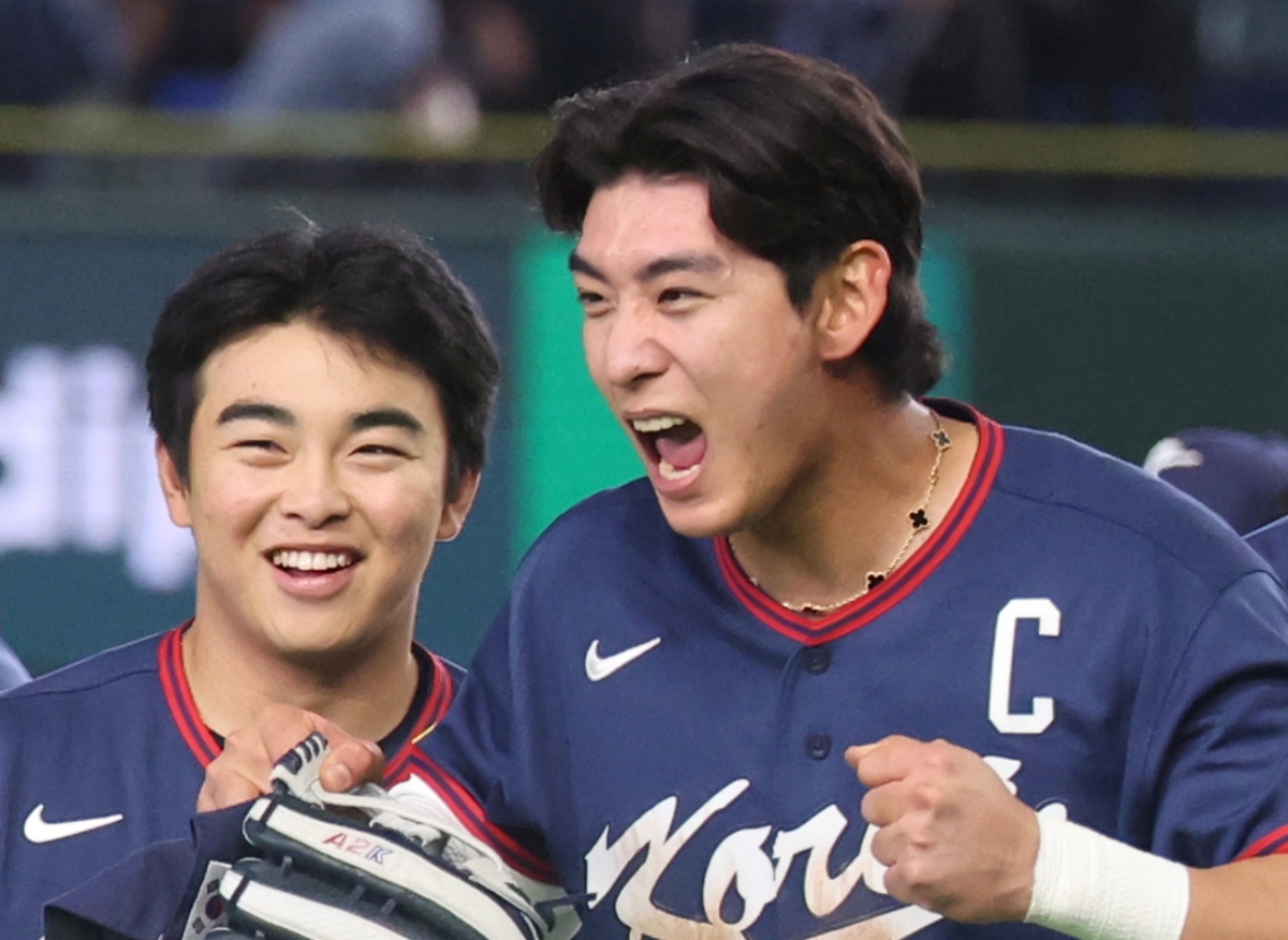 ▲9일 일본 도쿄돔에서 열린 2026 월드베이스볼클래식(WBC) C조 조별리그 최종전 대한민국과 호주의 경기. 호주를 꺾고 8강 진출을 확정한 한국 이정후가 포효하고 있다. (연합뉴스)
