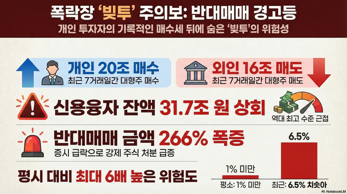 ▲코스피 폭락장 속 개인 투자자들은 매수세를 이어가고 있으나, 한편에서는 미수금과 신용융자 등 '레버리지' 발(發) 반대매매 공포가 시장을 압도하고 있다. (구글 노트북 LM)