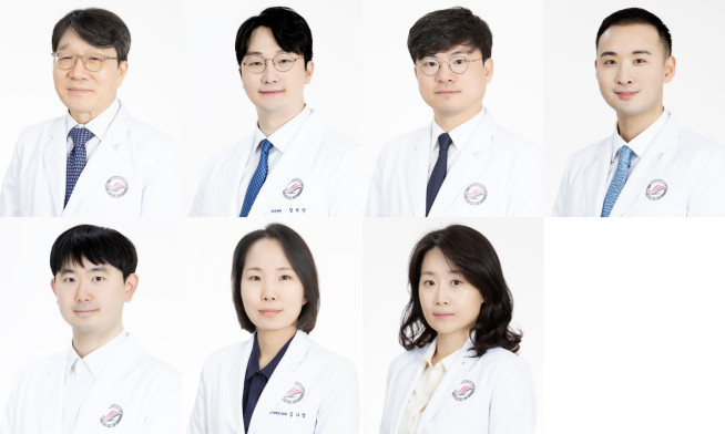 ▲(윗줄 왼쪽부터 시계방향) 한림대학교성심병원 김양수 감염내과 교수, 장석인 척추센터 교수, 문봉수 척추센터 교수, 임성준 외과 교수, 이향래 가정의학과 교수, 김나영 호흡기내과 교수, 이규진 호흡기내과 교수 (사진제공=한림대성심병원)